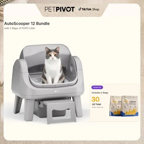 PetPivot AutoScooper 12 Lite Bundle with 2 Bags of POPO Litter, Open-Top Automatic Self-Cleaning Cat Litter Box with Easy-Entry Front Step, 30 lb Total, No App Required,Sohochic
