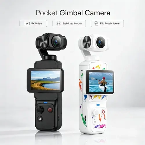 W&O 5K Action Vlogging Camera, 13MP 2-Axis Gimbal Camera with 270° Auto Rotation, Face Tracking, 90° Rotatable 2.2" Touchscreen, WiFi 4, App Control, Portrait Beauty Mode, 2600mAh Battery for Travel & Content Creation