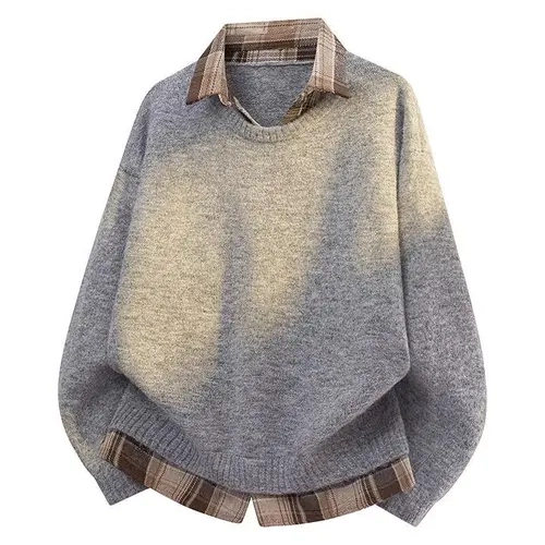 Men Fake Two‑Piece Sweater Plaid Shirt Collar Patchwork Loose Oversized Knit Pullover Casual Warm Autumn Winter Men Knitwear Top