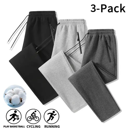 Men’s 3-Pack Straight-Leg Sweatpants, Breathable Cotton Blend Joggers with Elastic Waist and Drawstring, Zip Pockets for Sports & Everyday Wear