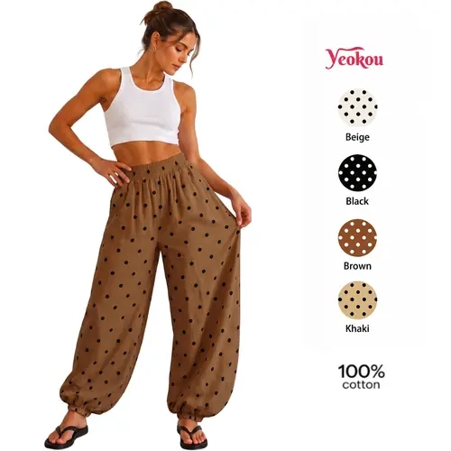Yeokou Womens Polka Dots High Waist Elastic Balloon Casual Lounge Pants