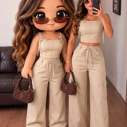 Women's Tank Top and Wide Leg Pants Set, Tie Waist Slim Fit, Casual Office Vacation, Regular Length Loose-Fit Solid Suit, Two Pieces Outfits