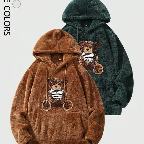Men’s winter fleece-lined thick warm polar bear hooded sweatshirt, cold-resistant casual loose-fit versatile top