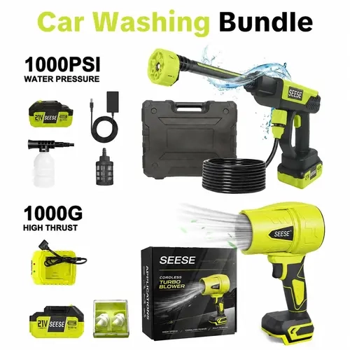 SEESE 21V Cordless Car Washing Bundle with 1000 PSI Pressure Washer & 1000G Turbo Leaf Blower Combo Kit for Car Wash + Drying, Patio & Garden Cleaning backtoschool toolupgrade