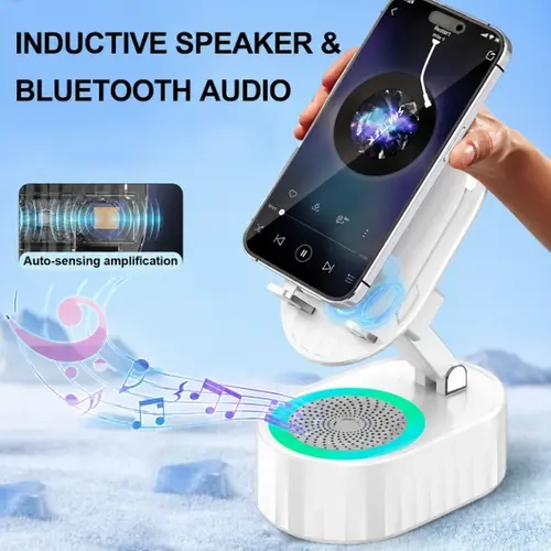 VORALI 5-in-1 Induction Bluetooth Speaker with 5000mAh USB Power Bank，Adjustable Rotatable Electronic Phone Holder,portable speaker for bathroom&kitchen&Home ,Colorful Ambient Light,Lightweight Portable, Cool Gadgets Gift for Friends