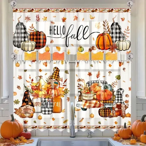 3 Pcs Tiered Valances Kitchen Curtain Set - Iron-Resistant, Wrinkle-Resistant, Waterproof Buffalo Plaid with Skull-Bats-Pumpkins-Maple Design for Fall-Halloween Decor, Kitchen Accessories