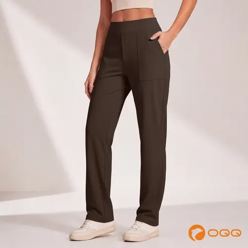 OQQ Women's High Waisted Fitted Work Trousers - All-Season Full-Length Bottoms with Pockets, Yoga Straight Leg, Mock Fly, Faux Back Pockets, Sleek Drapey Fabric, Wrinkle-Resistant, Business Casual Style, Machine Washable