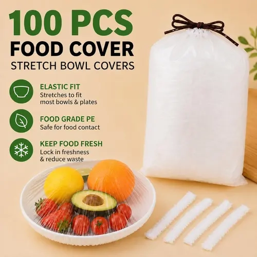 100PCS Disposable Elastic Food Covers, Single-Use Stretch Lids for Kitchen Bowls & Plates, Plastic Wrap Alternative for Food Storage
