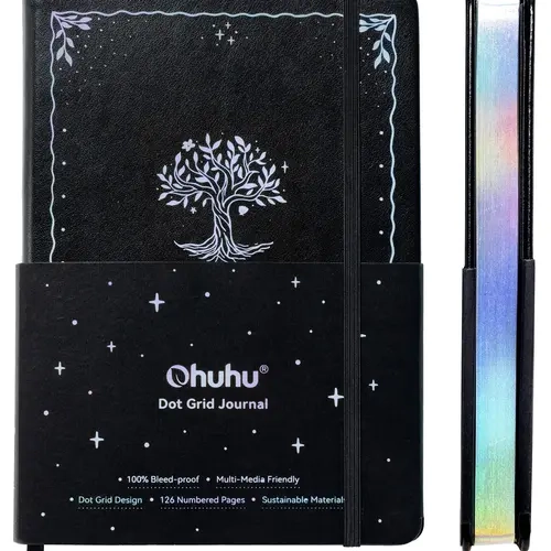 Ohuhu Journal Notebook: Medium Size 5.9" x 8.3", Bleedproof A5 Bullet Dotted Journal Notebook - 126 Pages for Journaling A5, Lay-Flat Leather Hardcover, 195 GSM Thick Dot Grid Paper for Writing, Planning, Tracking - Journal Notebook Series of Ohuhu