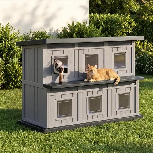 BIFANUO 2-Story Large Resin Outdoor Cat House, Weatherproof, Windproof, and Rainproof Feral Cat Shelter with 6 Magnetic Flap Doors, UV-Resistant, Multi-Room, Insulated Kitty House for Cats, Easy-to-Clean Outdoor Pet Shelter