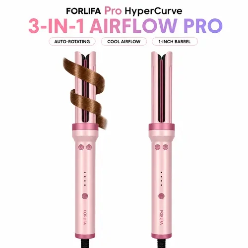 FORLIFA Pro HyperCurve 3-in-1 Auto Rotate Corded Power Hair Tool - 1-Inch Barrel, 360° Cooling Airflow, 3 Heat Settings, Anti-Scald, Anti-Tangle, For Dry Hair Small Sections, Plastic/Hardw. Curler & Straightener