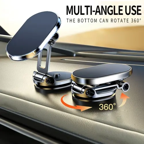 Foldable Metal Magnetic Car Phone Holder - 360° Rotating, Adjustable Angle & Height Dashboard Mount, Strong Magnetic Hold, Compact Universal Hands-Free Phone Stand for Cars