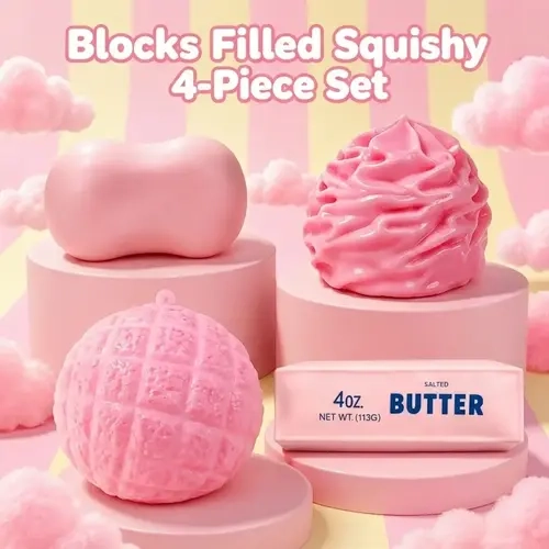 Crunchy Squishy 4-Piece Gift Set, Soft Stretchy Realistic Novelty Toys (Soap, Cream, Butter, Pineapple Bun) for ASMR Stress Relief, Cutecore Whimsical Stuff, Quirky Gifts, Toys for Grown Ups, Desktop Ornaments, Selfie Props