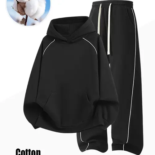 Unisex two-piece set, white-trimmed hooded sweatshirt with side stripes and wide-leg sweatpants, casual loose hooded sportswear, street-style sports suit