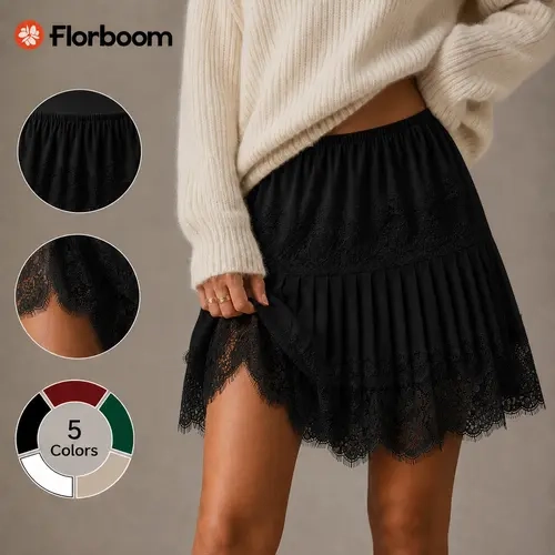 Florboom Women's Lace Mini Skirt Pleated A-Line Skirt with Elastic Waist, Floral Lace Trim, Boho Western Fall Outfit for Country Concert, Music Festival, Pumpkin Patch, Family Photos, Casual Daily Wear, Sohochic