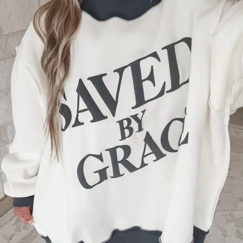 Women's Saved By Grace Print Cotton Soft Loose Baggy Sweatshirt - 1-Piece Ribbed Mock Neck Long Sleeve Colorblock Oversized Pullover, Stylish Lady Top with Comfortable Fabric,sohochic