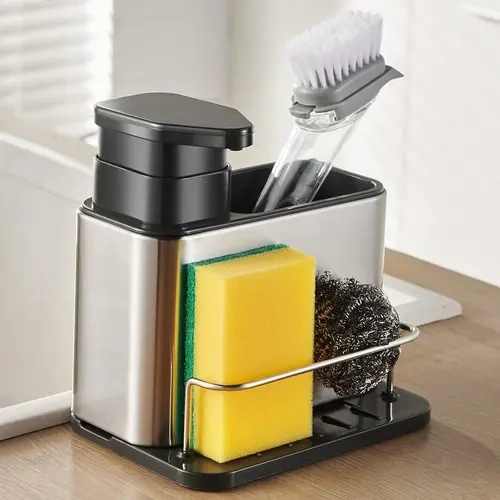 3-in-1 Stainless Steel Rustproof Liquid Soap Dispenser with Sponge Holder, Pump and Soap Canister for Kitchen Sink Setup