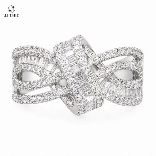 JJ CHIC Openwork Ribbon Ring for Women, Baguette & Round Stone Multi-Row Design, Silver-Tone Fashion Jewelry, Gift for Her
