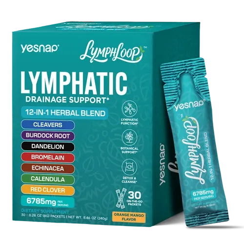 YESNAP Lymphatic Drainage Support – 12-in-1 Herbal Blend with Cleavers, Burdock Root, Dandelion & Echinacea, Debloat & Detox Drink, Sugar Free, Orange Mango, 30 Stick Packs