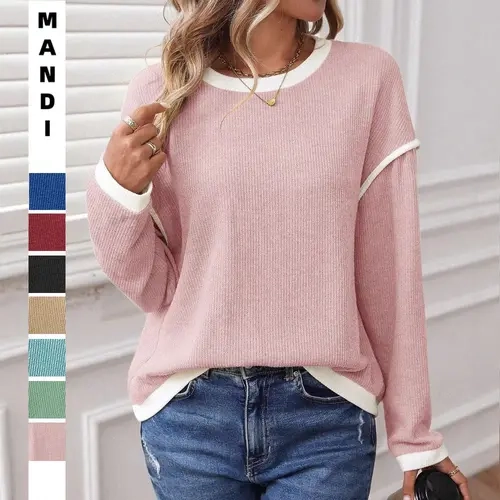Women's Colorblock Classic Crewneck Knitwear, Longsleeves Oversized Drop Sleeve Sweater, Contrast Trim Tops for Women, Fall Winter Cozy Slouchy Jumper, Y2K Aesthetic Basic Essential Loungewear