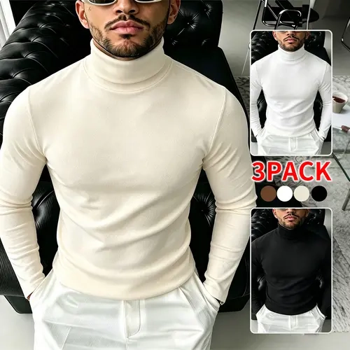 3‑Pack Men’s Form‑Fitting Turtleneck Shirts, Soft Long Sleeve Slim Fit Base Layer Tops for Fall/Winter, Everyday Casual Wear pullover design