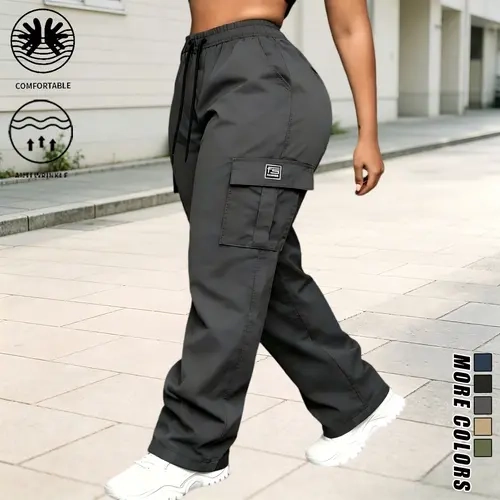 Women’s Oversized Baggy Basic Wide-Leg Cargo Pants - Adjustable Elastic Waistband with Drawstring, Flap Cargo Pockets with Brand Label, Stitched Side Entry Pockets, Static-Resistant Lightweight Durable Polyester Bottoms, Ideal for Dog Walks, Coffee Runs,s