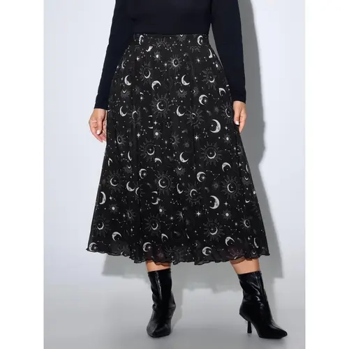 BloomChic Sun Moon Constellation Print Mesh Flowy Maxi Skirt 【M-6XL】