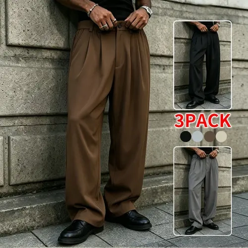 Men’s neutral-tone 3-pack wide-leg dress trousers, high-rise pleated elastic waistband, smooth fall/winter bottoms, versatile with knit cardigans and long-sleeve shirts adventure