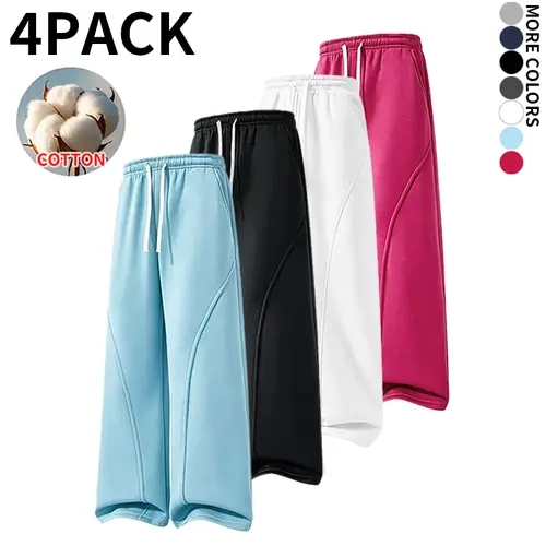 4‑Pack Men Cotton Wide‑Leg Sweatpants, Seam Detail Loose Oversized Pants, Drawstring Elastic Waist Casual Trousers for Fall Winter Back‑to‑School Daily Street & Workout Wear