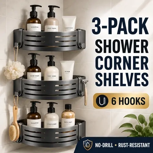 3 Pack Triangular Corner Fit Shower Caddy - Bathroom Accessories Organizer, Adhesive-Mount No-Drill Rack with Hooks & Toothpaste Holder, Anti-Rust Carbon Steel Shelves, Curved Edge Storage, Self-Adhesive Wall Mount Bathroom Gadgets (3 Units)