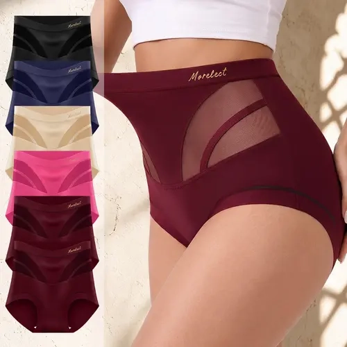 MORELECT Women’s High Waisted Underwear - Soft Briefs, Panties for Women, 4/6/8 PCS Nylon-Blend Stretchy Full Coverage Retro Plain Underwear with Stylish Sheer Mesh Details for Everyday Wear