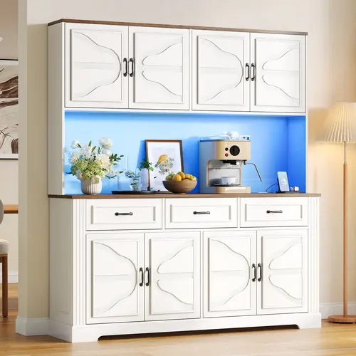 [Shipping by 2 Packages] FUSOU 71" Kitchen Pantry Cabinet with Charging Station & LED Light, Tall Pantry Storage Cabinet with 4 Cabinets & 3 Drawers, Kitchen Hutch with Microwave Stand and Adjustable Shelves for Dining Room, White