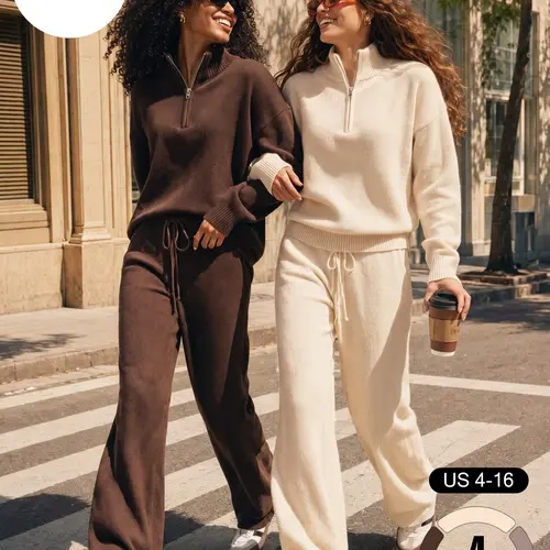 Katch Me Chic Women's Basic Partial Zipper Stand Collar Knit Sweater & Drawstring Waist Trousers Co-ord, Casual Solid Color Loose Lazy Fit Two-Piece Outfit, Cozy Stretch Skin-Friendly Daily Wear for Fall & Winter #TikTokMadeMeBuyIt #MatchingSet