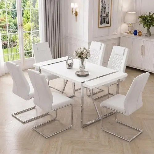 55" White Modern Rectangle Dining Table Set for 6 - Silver Metal Frame Table with 6 Upholstered Chairs (Indoor Dining Room Furniture Set),familyfun