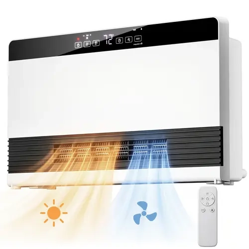 R.W.FLAME 2-in-1 Wall Mounted PTC Electric Heater and Fan - 1300W Power Fast Heating, Adjustable Temperature, Digital Control, 3 Heat/Fan/ECO Settings, Remote Control, 12H Timer, Overheat Guard for Bedroom