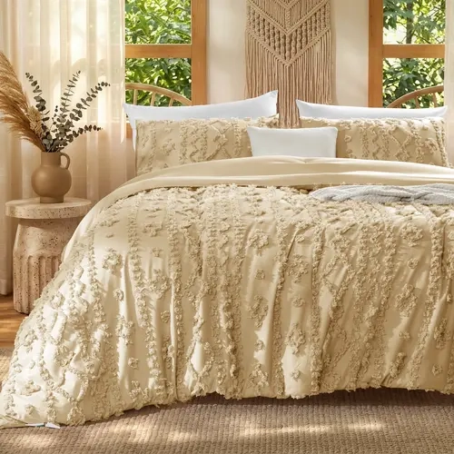 3PC Raised Tufted Comforter Bedding Set Queen - Airy Skin-Friendly, Quiet Non-Bulky, French Country Bohemian Vibes Bedding for Light Sleepers, Multi-Size Comforter Queen Size Set