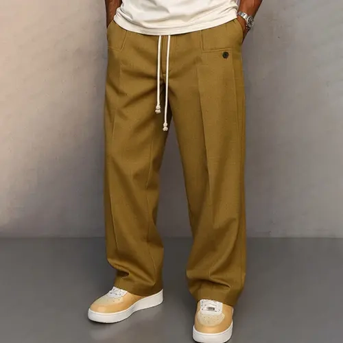 Men's Drawstring Wide Leg Pants, Relaxed Fit Straight Leg Casual Trousers with Pockets, Tailored Business Casual Pants for Work Office Travel Streetwear Weekend Lounge Daily Wear, Old Money Smart Casual Fashion Bottoms for Men