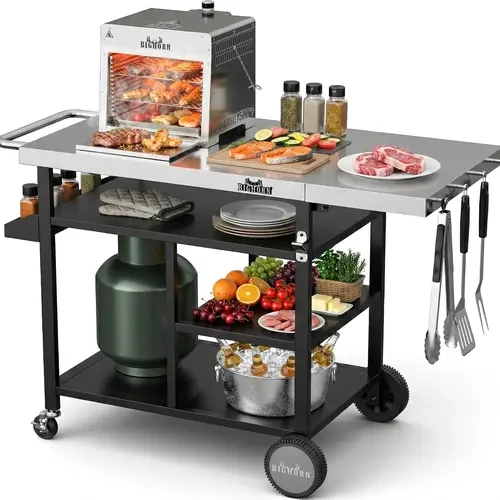 Grill Cart, Stainless Steel Outdoor Grill Table for Infrared Grill, Pizza Oven Stand Compatible with Big Horn, Ninja, Ooni Pizza Ovens, Outdoor Cooking Table, 48.4"L x 24"W x 35.2"H