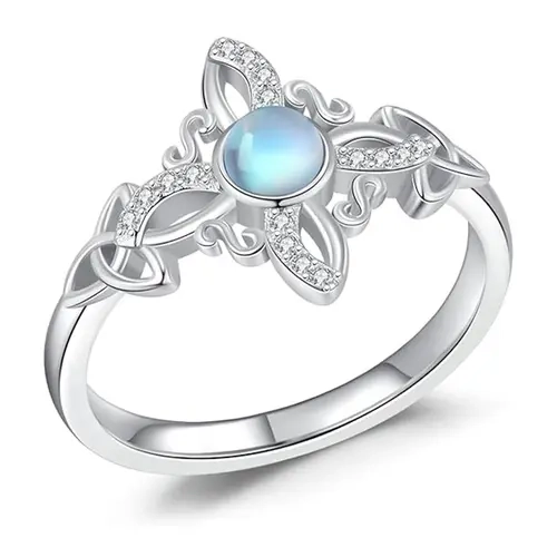 Women's 925 Silver Witchy Witches Knot Round Sparkling Moonstone Lucky Amulet Ring - Vintage Unique Jewelry, Protection Charm, Celestial Costume Jewelry Gift Idea
