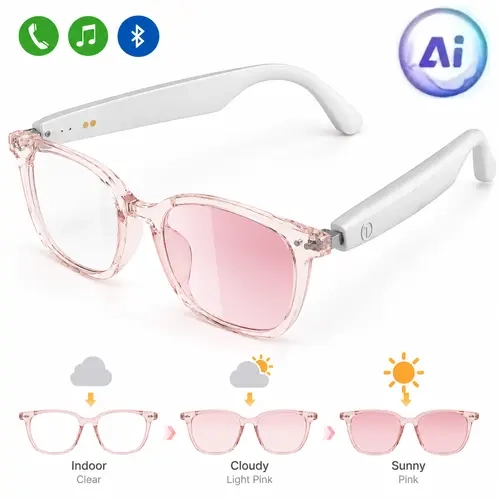 VUB Statement Wireless Smart Sunglasses for Women, Remote Call Smart Glasses with Stylish Casual Colorful Frames, Photochromic Polarized Pink Lenses - Light Pink Frames, 100+ Language Translation, Bluetooth Calls, Music, Blue Light Protection
