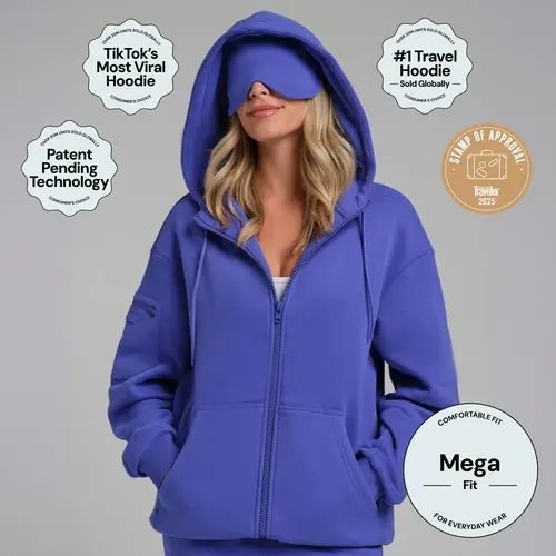 Comfrt | Neon Airplane Mode Zip Hoodie - Mega | Bright Color Travel Hoodie With Eye Mask & 8 Pockets