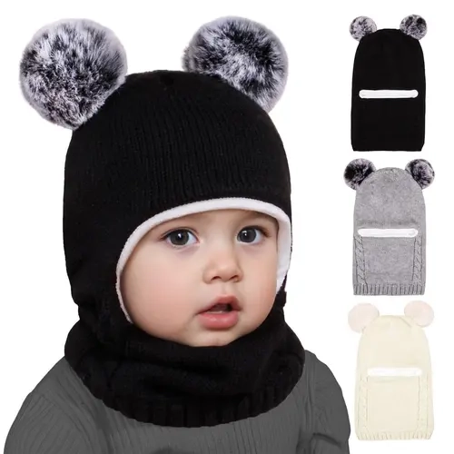 Fleece-Lined Ear Protection Knit Hat & Neck Warmer Set, Thickened Winter Thermal Pullover, Unisex Soft Warm Cold Weather Head & Neck Wear