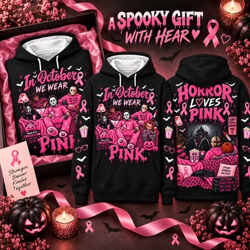 Arrive After Halloween-Unisex Pink Breast Cancer Awareness Horror Print  Fabric Hoodie - Long Sleeve Apparel Garment, Spooky Movie Character, Pink Ribbon, Heart Graphic Pullover, Fall Halloween Gift #InOctoberWeWearPink#PinkHorrorHalloween