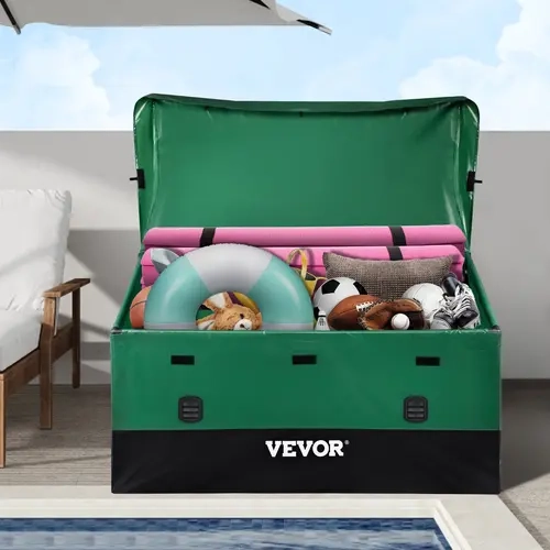 【toolupgrade】【Auction】 VEOVR Outdoor Storage Box, 150 Gallon Waterproof PE Tarpaulin Deck Box with Galvanized Frame, All-Weather Protection & Portable, for Camping, Garden, Poolside, and Yard, Brown & Blue