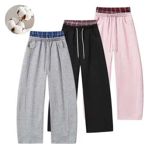 Men's Cotton Fleece Casual Sport Pants, Faux 2 Layer Design, Warm Lining, Loose Fit, Drawstring Mid Waist, Cotton Poly Fabric, Plain Style Sohochic Menswear for Autumn Winter Everyday Wear