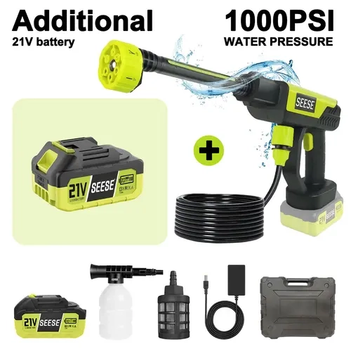 SEESE Cordless Power Washer Kit with Extra 21V Lithium Battery & Portable Car Washing Machine | Battery Powered Pressure Washer Combo for Vehicle Cleaning, Home Use, Garden Care & Outdoor Tasks toolupgrade