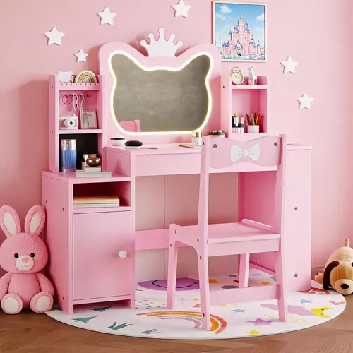 Garvee Princess Kids Vanity Desk For Girls With Mirror, Sturdy Wooden Dressing Table Built With Practical Drawer And Open Storage Shelves, Pretend Play Makeup Furniture For Bedroom And Playroom Daily Dress‑Up Activities