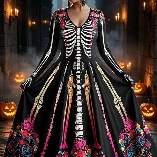 Plus Size Women's Halloween and Christmas Cosplay Dress, Long Sleeve V-Neck Skull Print, Party Gown for Fall Winter, Costume Event
