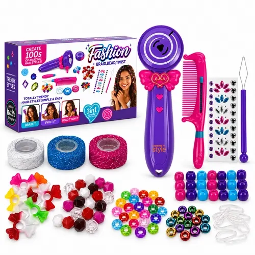 BYTEWAR Hair Braiding Machine Styling Kit for Girls Ages 6+, Braid-Twist Tool with Beads, Gems, Thread, Comb & Accessories, Creativity-Boosting DIY Pretend Play Toy Gift