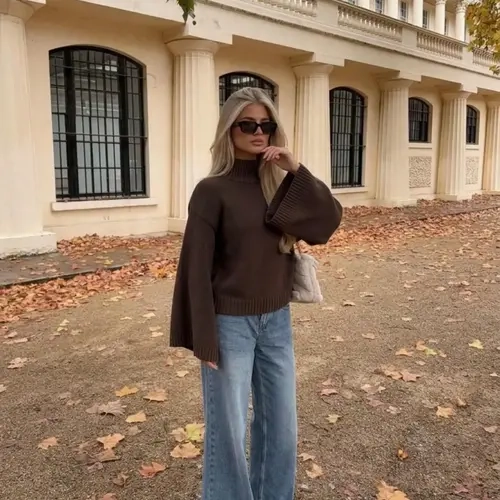 Women's Fall Winter Vintage Loose-Fit High Neck Bell Sleeve Knit Sweater, Casual Solid Pattern, Comfortable and Stylish Knitwear